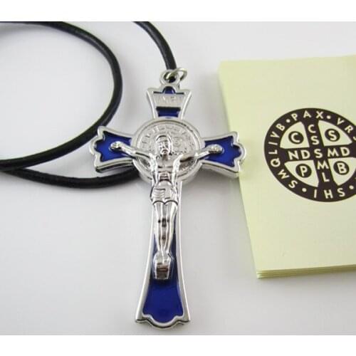 12pcs of Epoxy Blue St. Benedict Crucifix Leather Necklace with Scripture and PVC Pouch