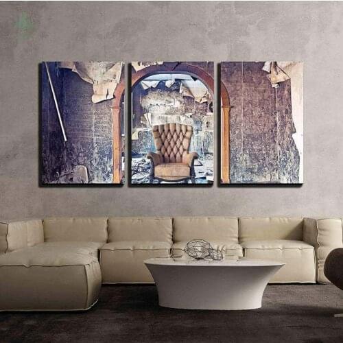 3 Piece Canvas Wall Art Old Abandoned Burned Interior Photo Modern Home Decor