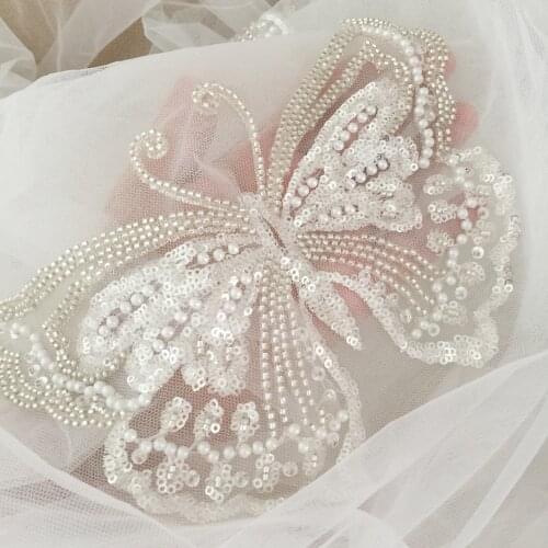 4 Pieces 3D Rhinestone Pearl Beaded Bow Haute Couture Applique Tulle Lace Motif Patch Flower Gril Dress Bridal Sash Belt