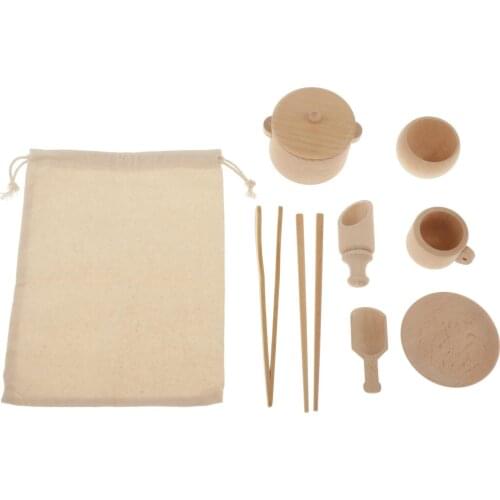8 Pieces Wooden Kicthenware Toy Set, Bowl Cup Cookware Toy, Kids Role Play Toys