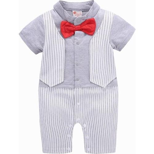 Baby Boys Bow Tie Baptism Romper Infant Summer One Piece Stripe Christening Jumpsuit Little Boys Gentleman Birthday Clothing 12M