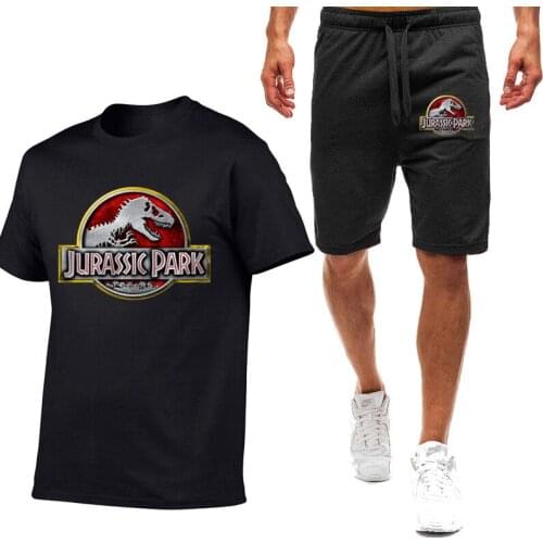 2021 Jurassic Park Summer Mens T-shirt Set 2-piece Sportswear Basketball Sports Fitness Printed Loose Short Sleeve Suit