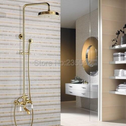Gold Color Brass Bathroom Dual Handle Dual Control Rain Shower Faucet Set W/ Cold and Hot Bathtub Mixer Tap lgf365