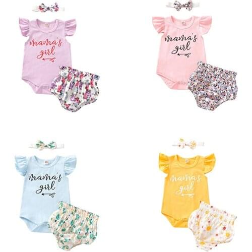 Newborn Baby Girls Summer Clothes Set 3-piece Outfit Fly Sleeve Letter Print Romper+Flower Printed Shorts+Headband Baby Girl Set