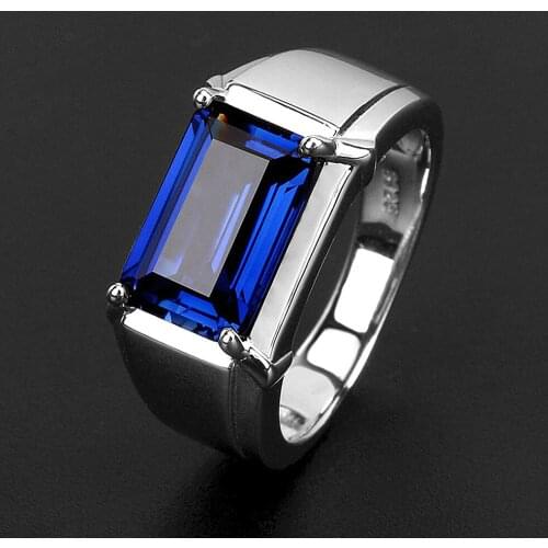 Fashion concise square blue crystal sapphire gemstones rings for men white gold silver color bague jewelry bijoux accessory gift