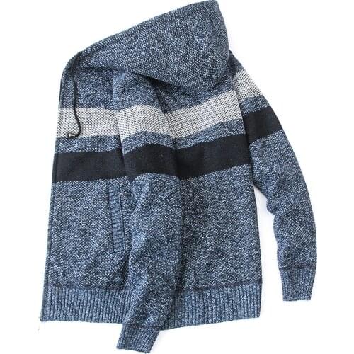 Jacket Mens winter heavy fleece sweater hoodie pullover zipper cardigan warm wool sweater fashion stripe coat