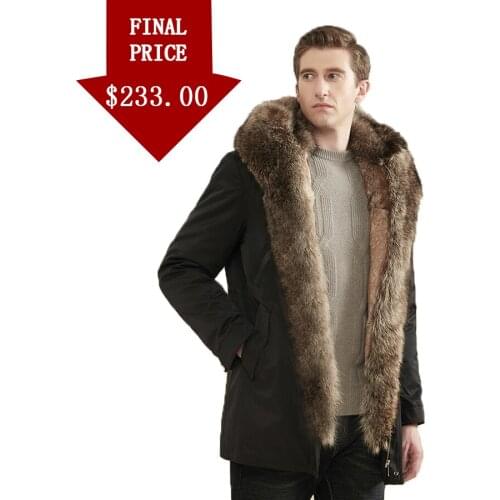 Men Coat Winter Parka 100% Natural Rabbit Fur Lined Racoon Fur Collar Windproof Coat High Quality
