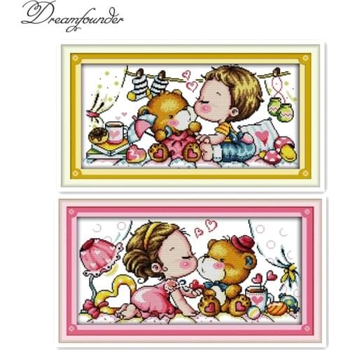 Kiss bear cross stitch kit aida 14ct 11ct count printed canvas stitches embroidery DIY handmade needlework