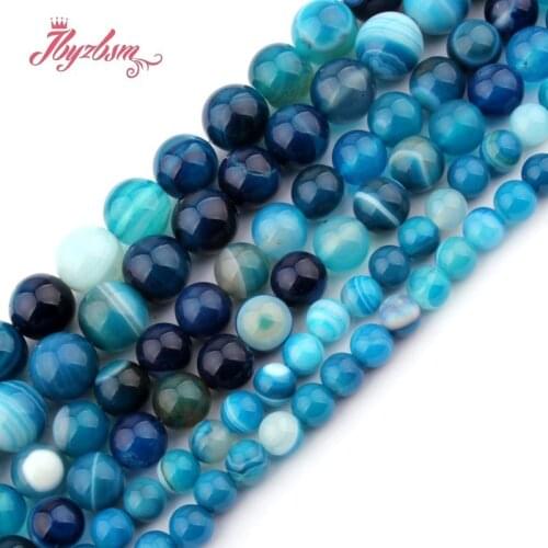 Natural Stripe Agates Smooth Blue Round Bead Ball 6/8/10/12mm Stone Beads For DIY Necklace Bracelets Jewelry Making Strand 15"