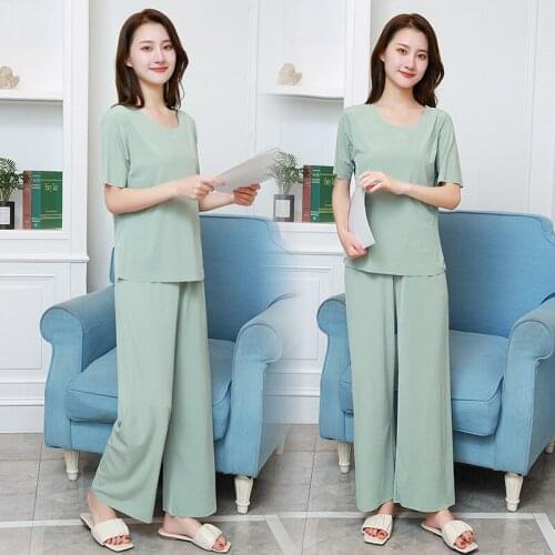 Pring and Summer Seamless Womens Short-sleeved Suit Pajamas, Home Wear, Solid Color, Cool Fashion Loose Wide-leg Pants Suit