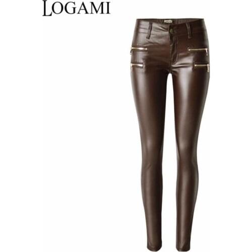 Pu Leather Pants Women Pencil Pockets Low Waist Sexy Elastic Trousers 2021 Skinny Womens Pants Clothing Coffee