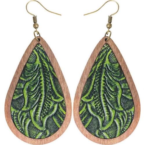 Vintage Embossment Flower Leather Earrings 2021 New Trendy Natural Wood Teardrop Dangle Earrings for Women Boutique Jewelry