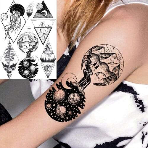 YURAN Geometric Black Milky Way Diamond Jellyfish Moon Temporary Tattoos Stickers Body Arm Tattoo Fake Waterproof Men Art Tatoo