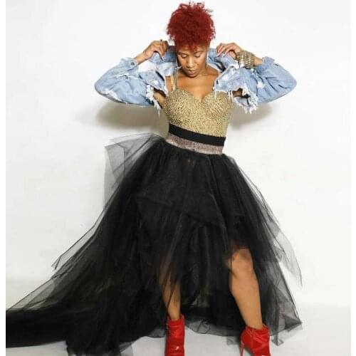 High End Black High Low Tulle Skirts For Women To Birthday Prom Wedding Party Puffy Tulle Tiered Long Tulle Skirt Elastic