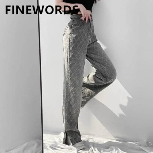 FINEWORDS Rhombic Lattice High Waist Vintage Jeans Women Korean Streetwear Gray Mom Jeans Wide Leg Loose Plus Size Denim Pants