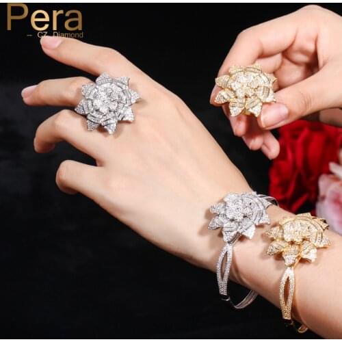 Pera Luxury Famous Brand Jewelry Sets Big Sun Flower Shape Full Sparkling Cubic Zirconia Bangles and Rings for Ladies Gift Z024