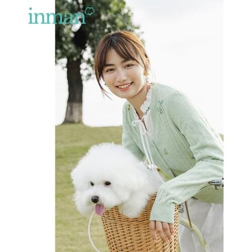 INMAN V-Neck Cute Womens Top Embroidery Knitted Sweater Hollow Out Elegant Style Long Sleeve Female Outerwear Botton Cardigan