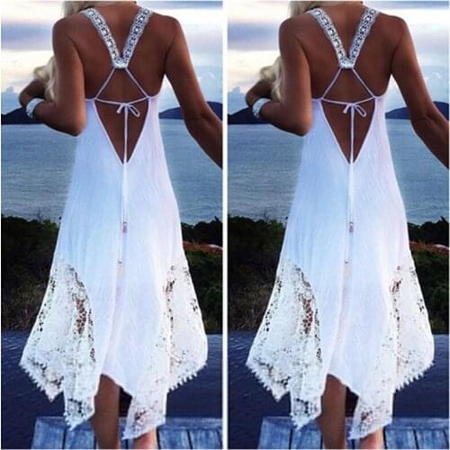 Women Lace Patchwork Sleeveless Backless Dress Summer Sexy Strapless Lace-Up Beach Dress Beachwear Women Lace Vestidos