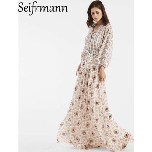 Seifrmann New 2021 Autumn Women Fashion Runway Long Dress Lantern Sleeve Bow Sashes High Waist Floral Print Elegant A-Line Dress