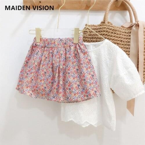 French retro childrens clothing set 2021Printed dress for girls hollow puff sleeve round neck top + floral skirt two-piece suit
