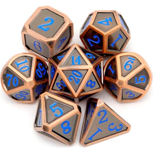 Haxtec Metal DND Dice Set Classic Collection D&D Polyhedral Metal Dice for TTRPG-Fine Antique Copper Blue Numbers
