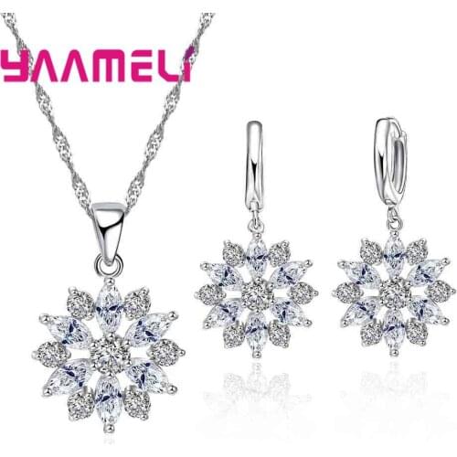 Hot Sell Wedding Engagement Party Jewelry 100% Real 925 Sterling Silver Flower Pendant Necklace Earrings Jewelry Set