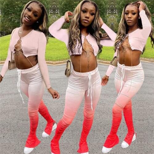 Imcute Sexy Lace Up Tracksuits Women Two Piece Set Crop Tops+Flare Pants Casual Stacked Joggers Bell Bottom Pants Matching Suits