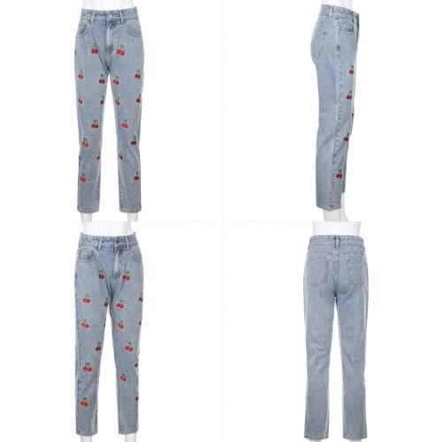 K3NF Women High Waisted Pencil Jeans Cute Cherry Embroidery Denim Pants Slim Trousers