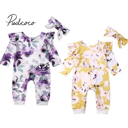 2019 Baby Spring Autumn Clothing Newborn Baby Girls Clothes Floral Romper Long Sleeve Overall Jumpsuit Headband 2Pcs Outfits Set