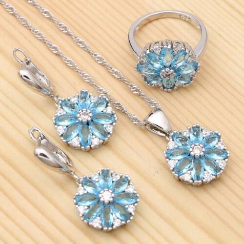 925 Silver Bridal Jewelry Kits For Women Sky Blue Stones White Crystal Flower Pendant Necklace Ring Earrings Set