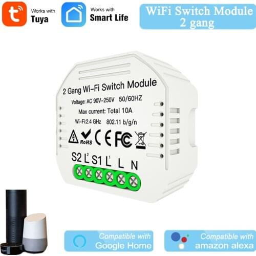 WiFi 2 Gang Switch Module DIY Smart Switch Tuya APP Wireless Control Work With Alexa Google Nest Replace Traditional Switch