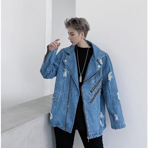 Mens Blue Denim Jacket Loose Zippers Decor Holes Casual Coat E20