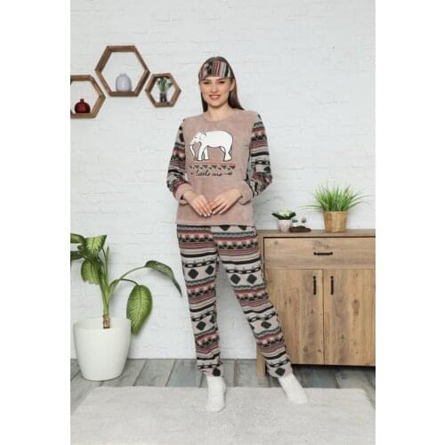 YENİ SEZON Kadın Kahverengi Pelüş Göz Bandı ve Çorap Hediyeli Fil Nakış Detaylı Pijama Takım