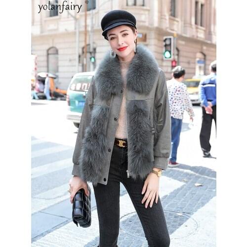 Genuine Sheepskin Winter Leather Jacket Women Natural Fox Fur Collar Female Jacket Cotton Liner Womens Coats Ropa Mujer