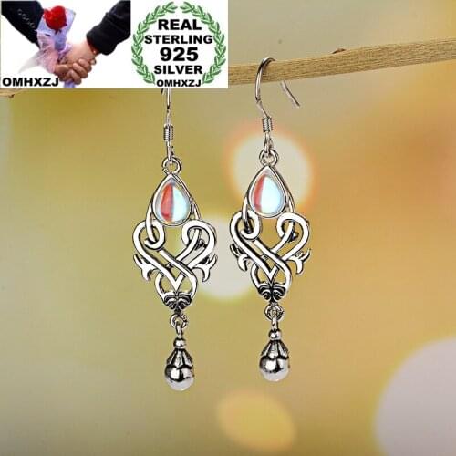 OMHXZJ Wholesale European Fashion Woman Party Birthday Wedding Gift Vintage Water Drop Moonstone Tai Silver Drop Earrings EA515