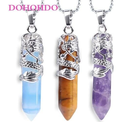 DOHOHDO Dragon Tribe Natural Stone Hexagonal Crystal Totem Quartz Prism Ethnic Pendant Necklace Hanging Jewelry for Women Men