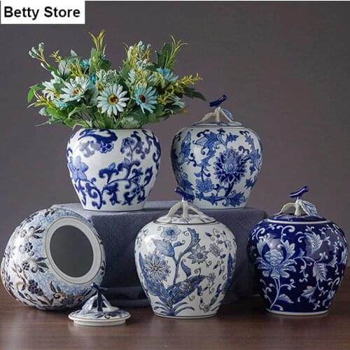 Embossed Flower Ceramic Apple Jar Vase Flower Arrangement Container Blue and White Porcelain Storage Jar Flowerpot Home Decor