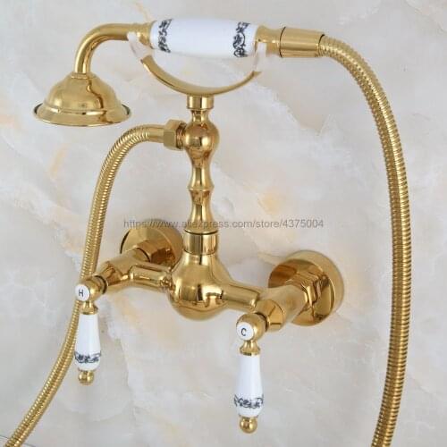 Luxury Gold Color Brass Wall Mounted Bathroom Shower Faucet Bath Mixer Tap With Hand Shower Sprayer Mixer Tap Nna836