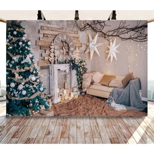 Christmas Photography Backdrop Christmas Tree Gifts White Fireplace Background Winter Living Room Light Bells Star Photo Shoot