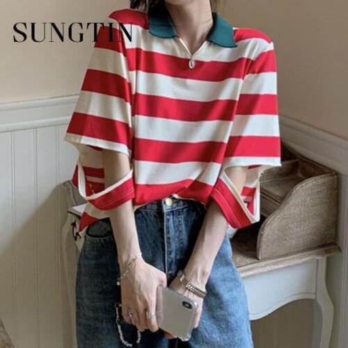 Sungtin Design Hole Half Sleeve Turn-down Collar Tee Shirt Femme Striped Hollow Out Oversized T Shirt Casual Fashion Camisetas
