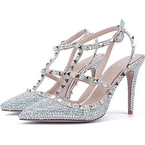 Princess Diamond Rivet Sandals Women Pointed Toe Fashion High-heeled Wedding Shoes Slingback Buckle Strap Pumps Shoes Brides