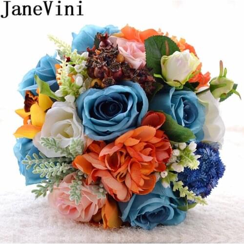 JaneVini Vintage Blue Orange Bride Bouquet Fleur Mariage Pearls Wedding Flowers Rose Artificial Bridal Bouquet Accessories 2019