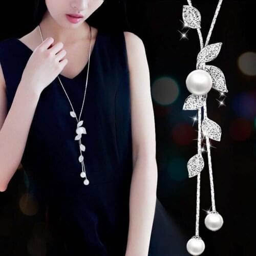 Women Faux Pearl Rhinestone Leaves Pendant Long Chain Necklace Jewelry Gift Crystal Necklaces & Pendants for Women Fashion Jewel