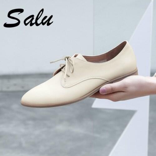 Salu 2020 Genuine leather basic women pumps square high heels round toe summer shoes female nude color dress shoes