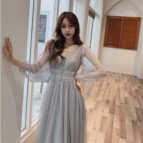 Spring Women Mesh Dresses Retro Elegant V-Neck Pleated Party Dresses Women Fairy Dresses Slim Waist Summer Vestidos