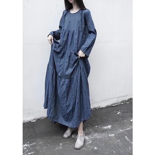 Women Loose Thin Denim Cotton Dress Ladies Wrinkle Solid Color Autumn Dresses Female 2020 Spring Dress