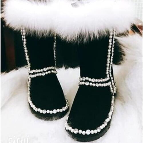 Fox fur snow boots high tube leather hand-sewn rhinestone fur boots plus velvet thick high boots