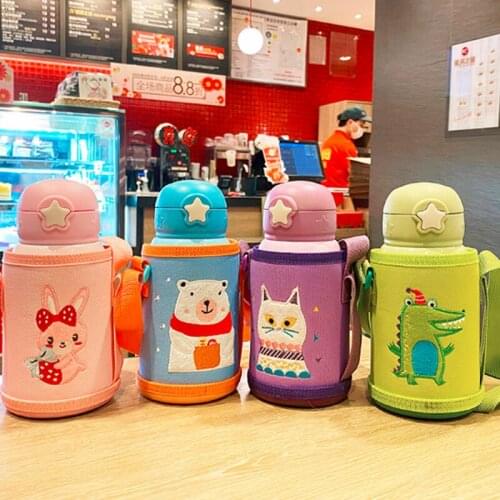 350ml creative cartoon childrens thermos cup 316 liner stainless steel student straw water cup with cup holder straps