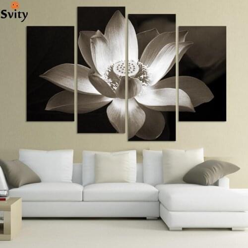 4panel Modern wall art home decoration printed flower oil painting canvas prints frameless black and white simple lotus flower