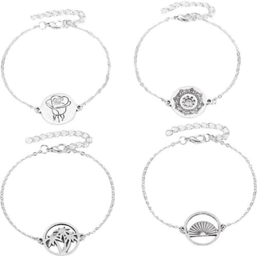 4 Pcs / Set Vintage Hollow Round Coconut Palm Fan Rose White Chain Alloy Fashion Bracelets For Women